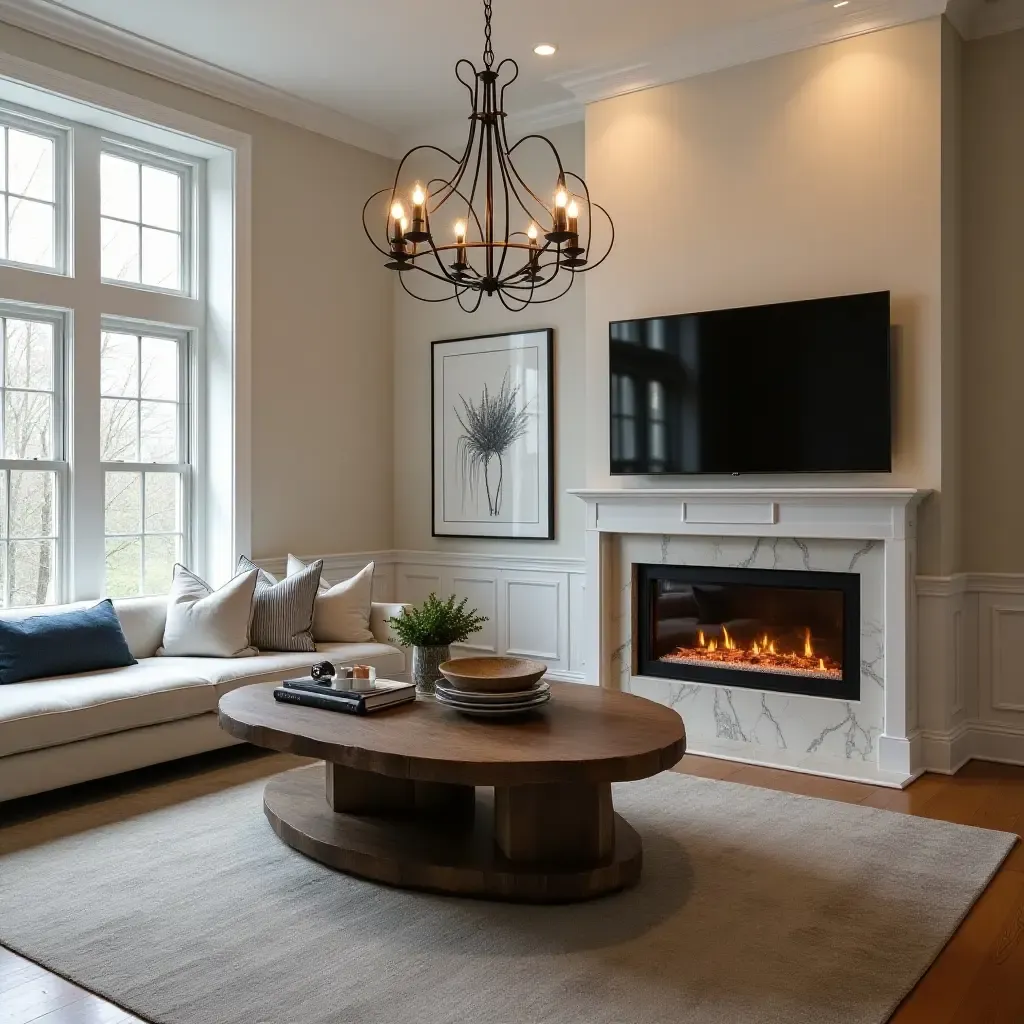 a photo of a cozy dining nook with a TV embedded in a fireplace mantel