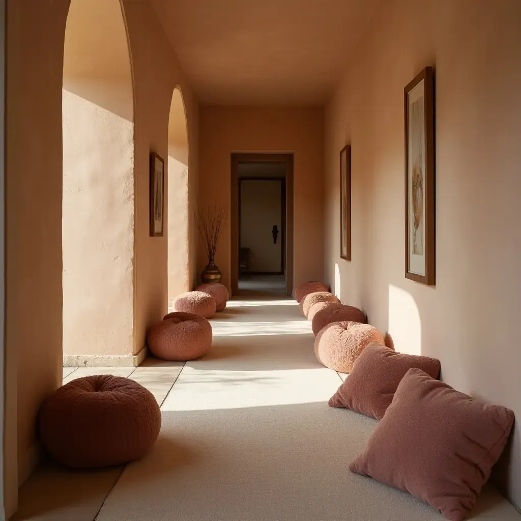 a photo of a cozy corridor adorned with plush throw pillows in warm tones