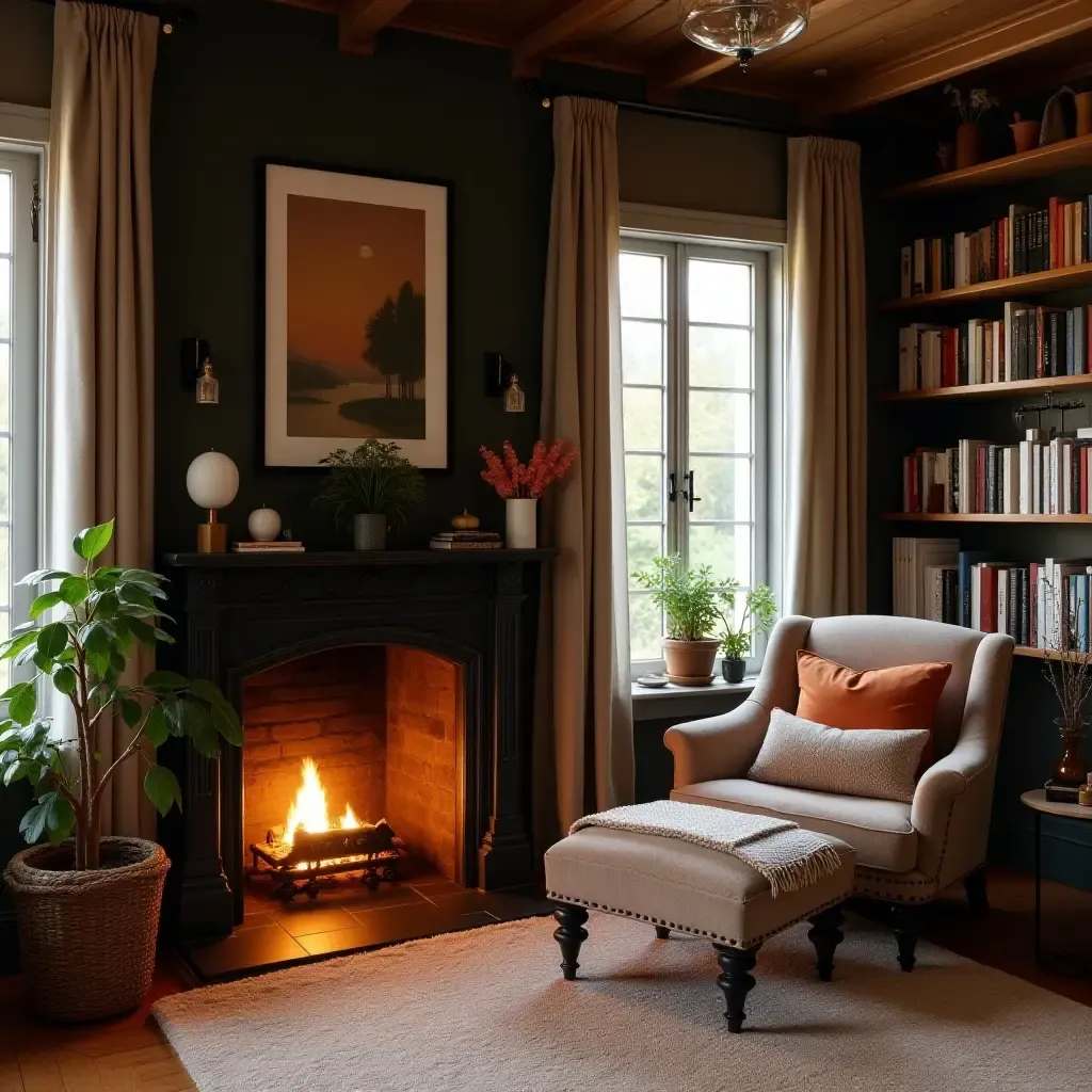 a photo of a reading nook featuring a cozy fireplace and armchair