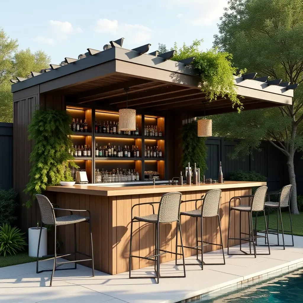 a photo of a stylish outdoor bar with a pergola and hanging plants