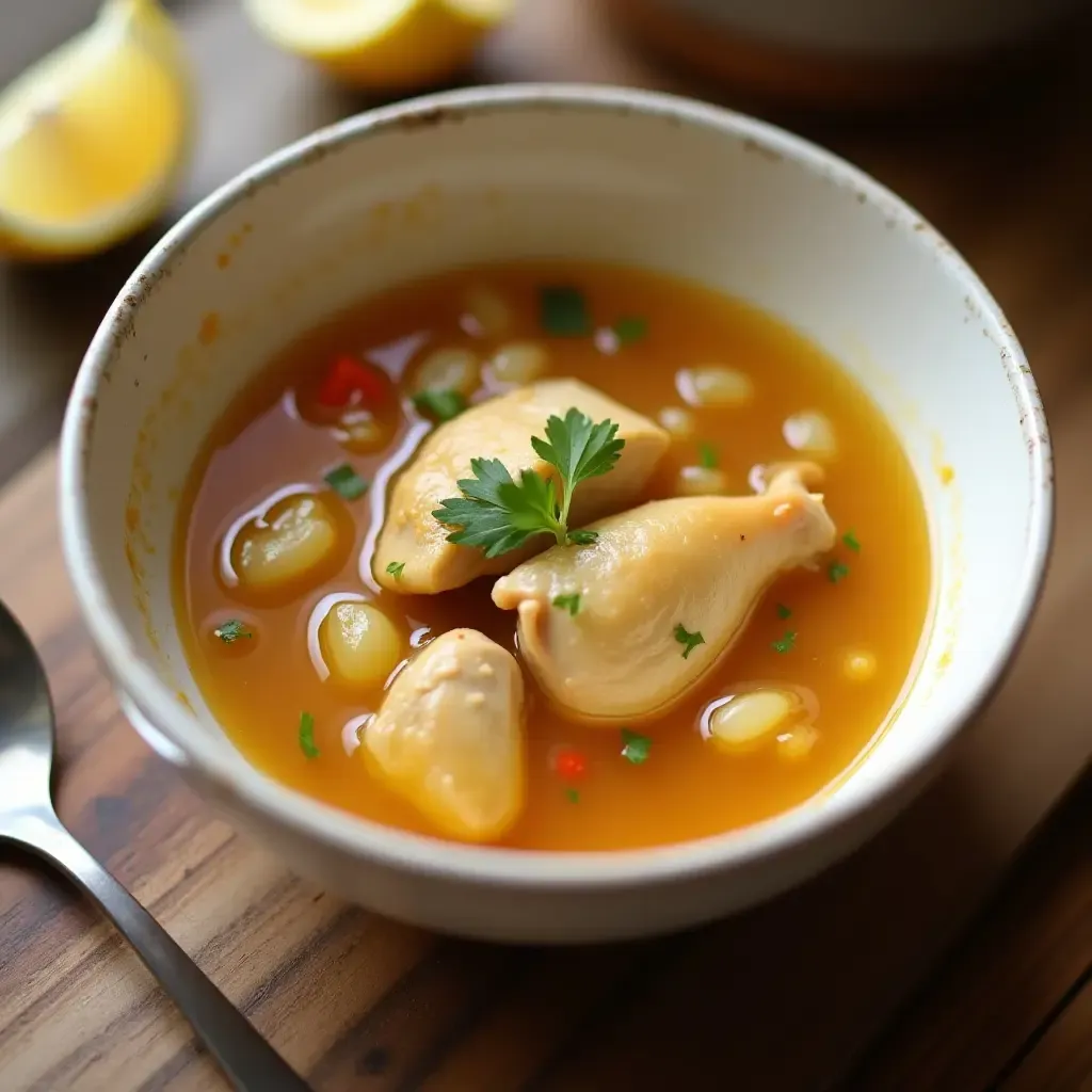 a photo of a comforting Canja de Galinha chicken soup with rice and lemon