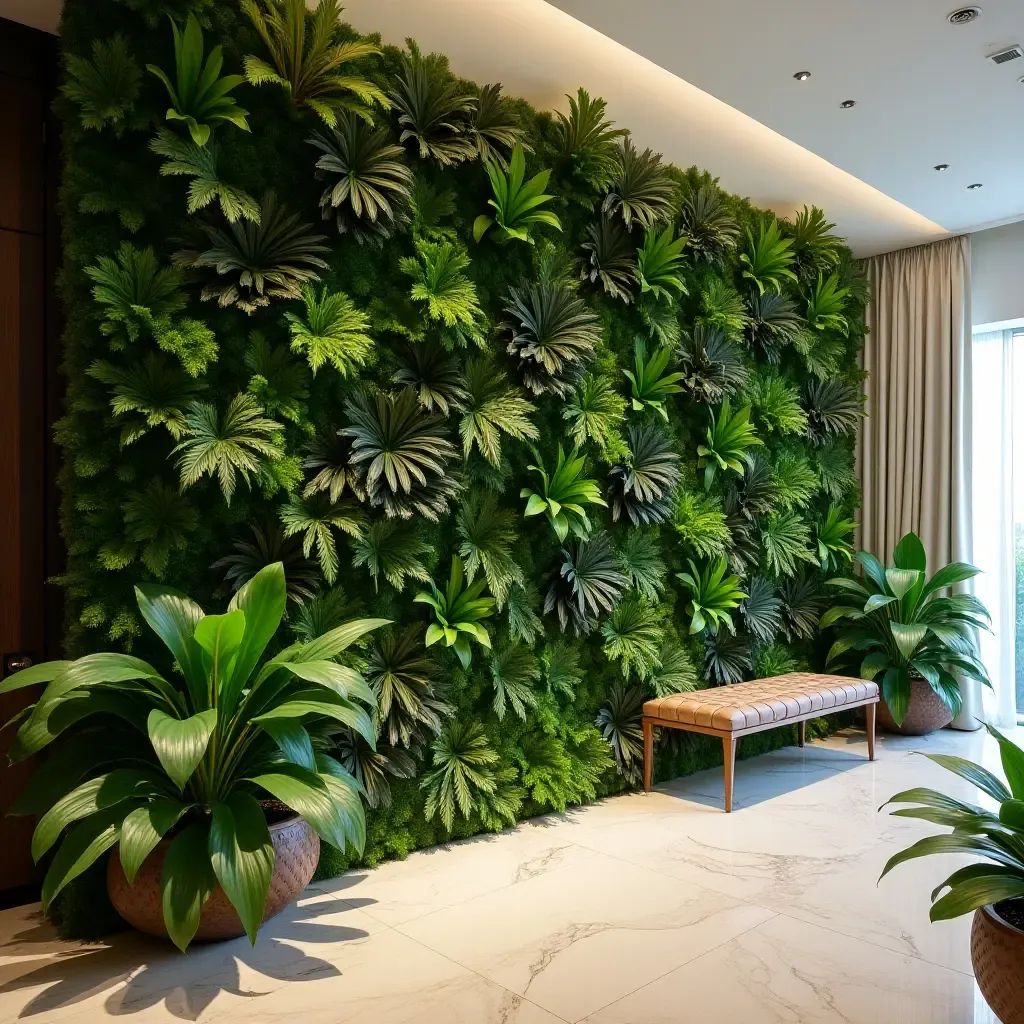 a photo of a tropical-themed garden wall with lush greenery in a foyer