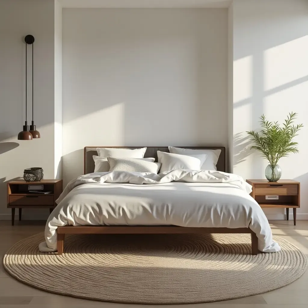 a photo of a chic round rug under a bed in a stylish room