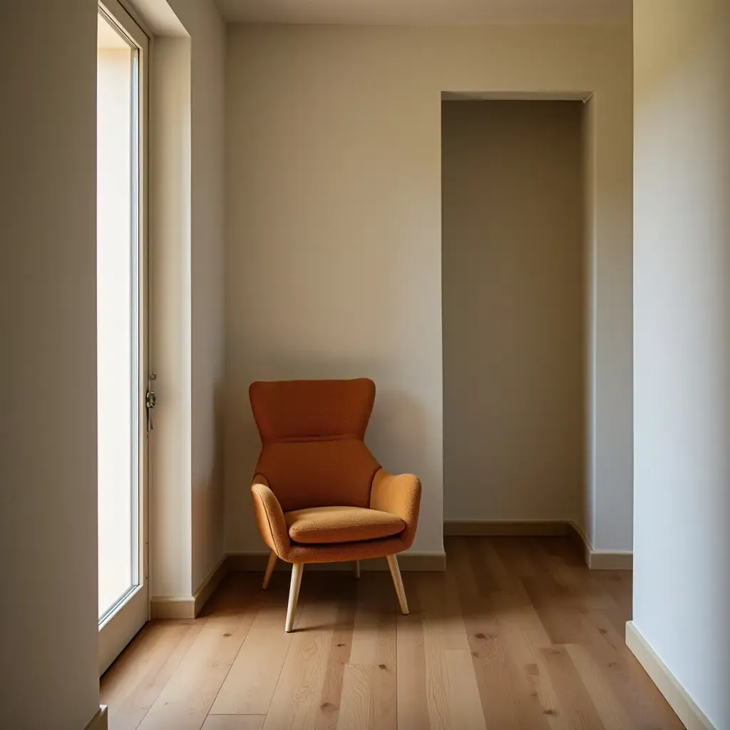 a photo of a retro armchair placed in a narrow corridor