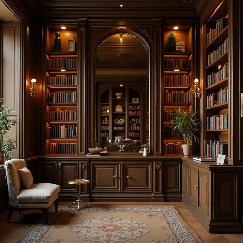 a photo of a vintage library with brass fixtures and metallic decor