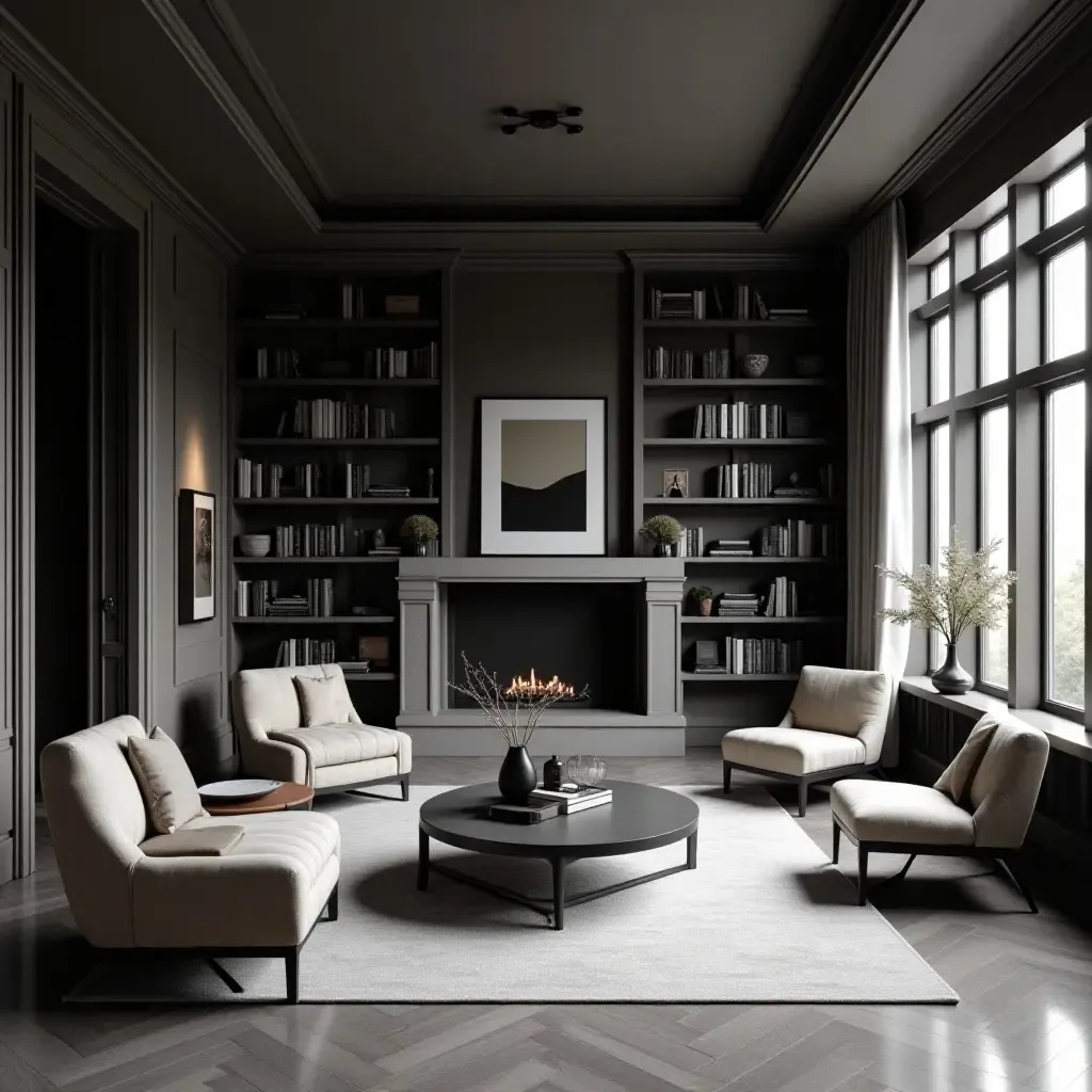 a photo of a sophisticated black and white library with sleek furniture