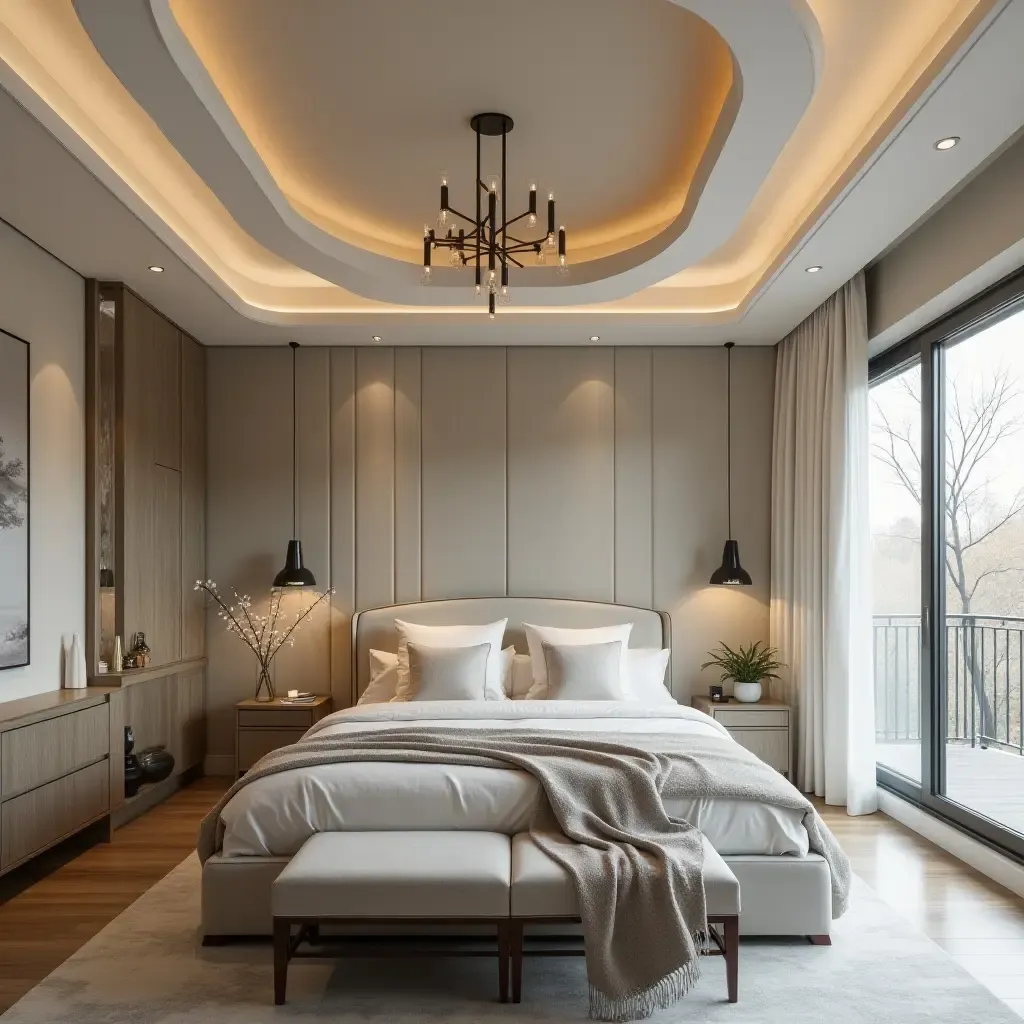 a photo of a chic bedroom featuring a statement ceiling