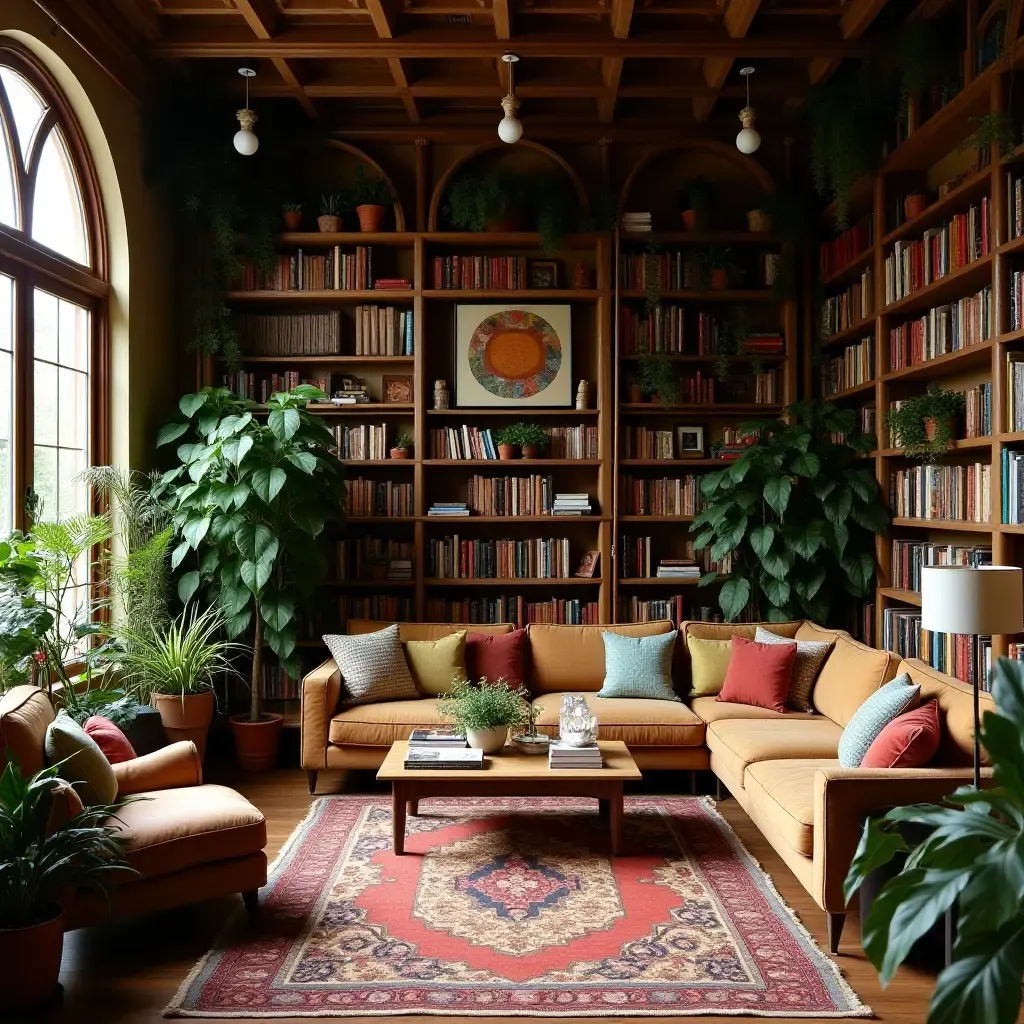 a photo of a bohemian-inspired library with eclectic decor and lush plants