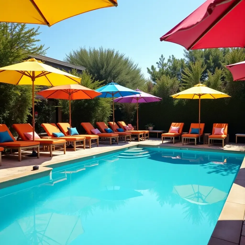 a photo of a vibrant pool area with colorful farmhouse-style umbrellas and chairs