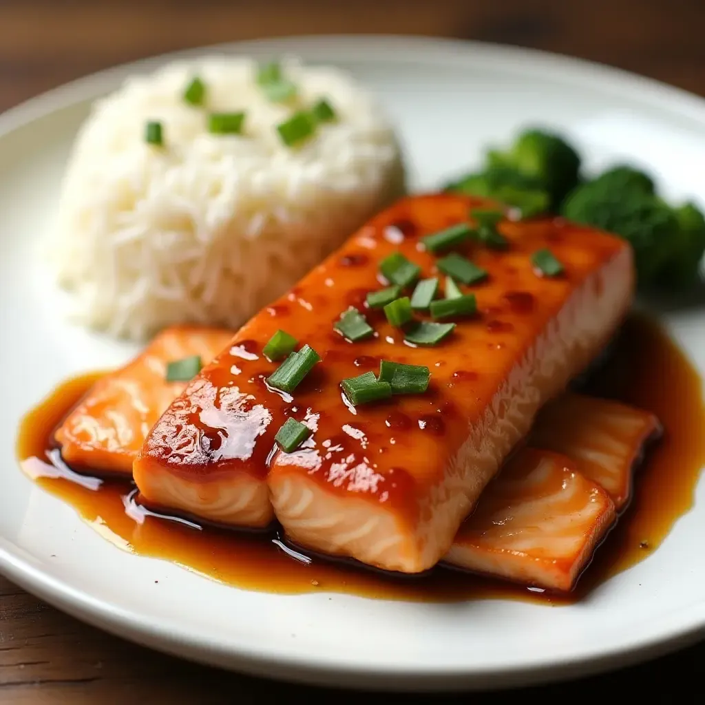 a photo of soy sauce glazed salmon with a side of rice