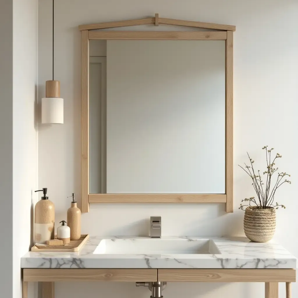 a photo of a wooden mirror with a natural finish in a bathroom