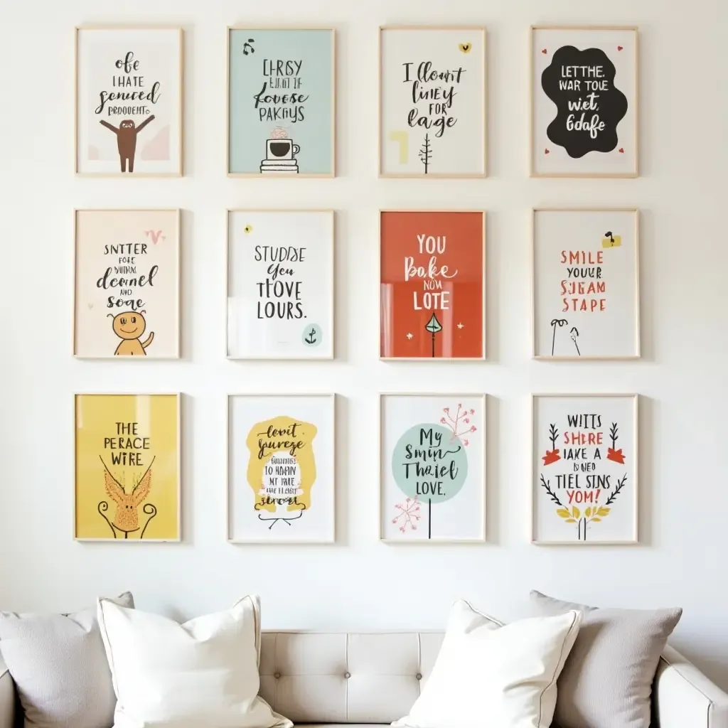 a photo of a gallery wall with a mix of framed quotes and vibrant illustrations