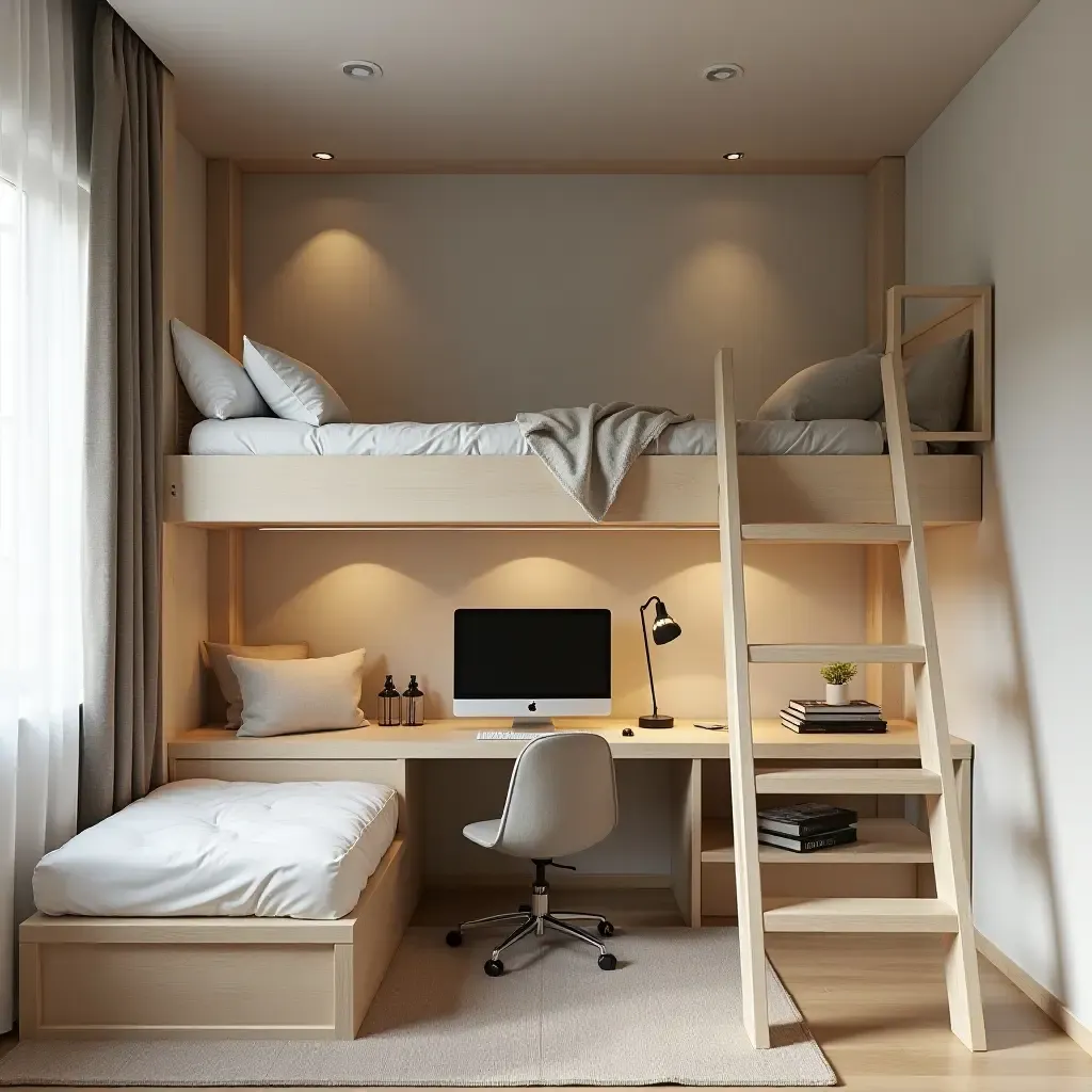 a photo of a cozy bedroom layout with a loft bed and workspace underneath