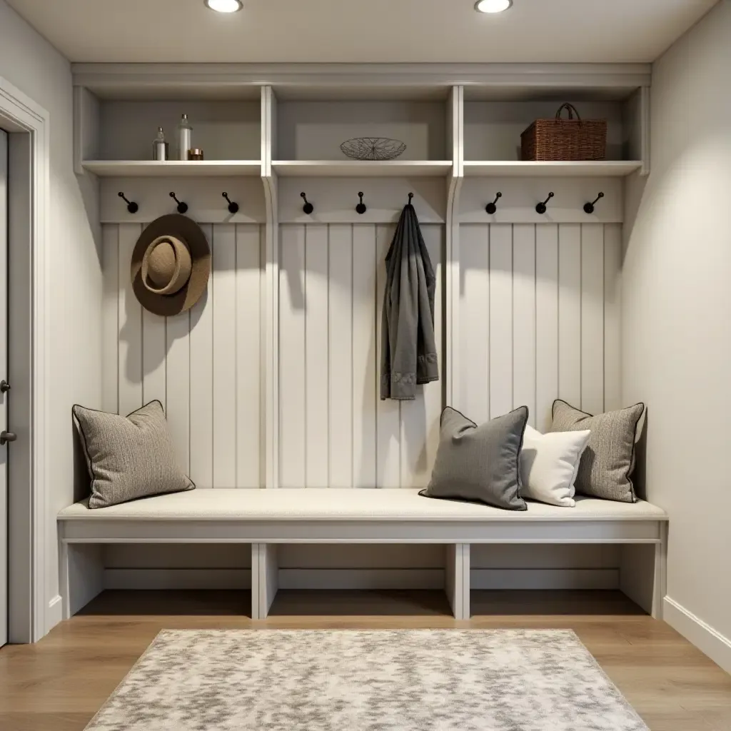 a photo of a stylish basement entryway with hooks and benches