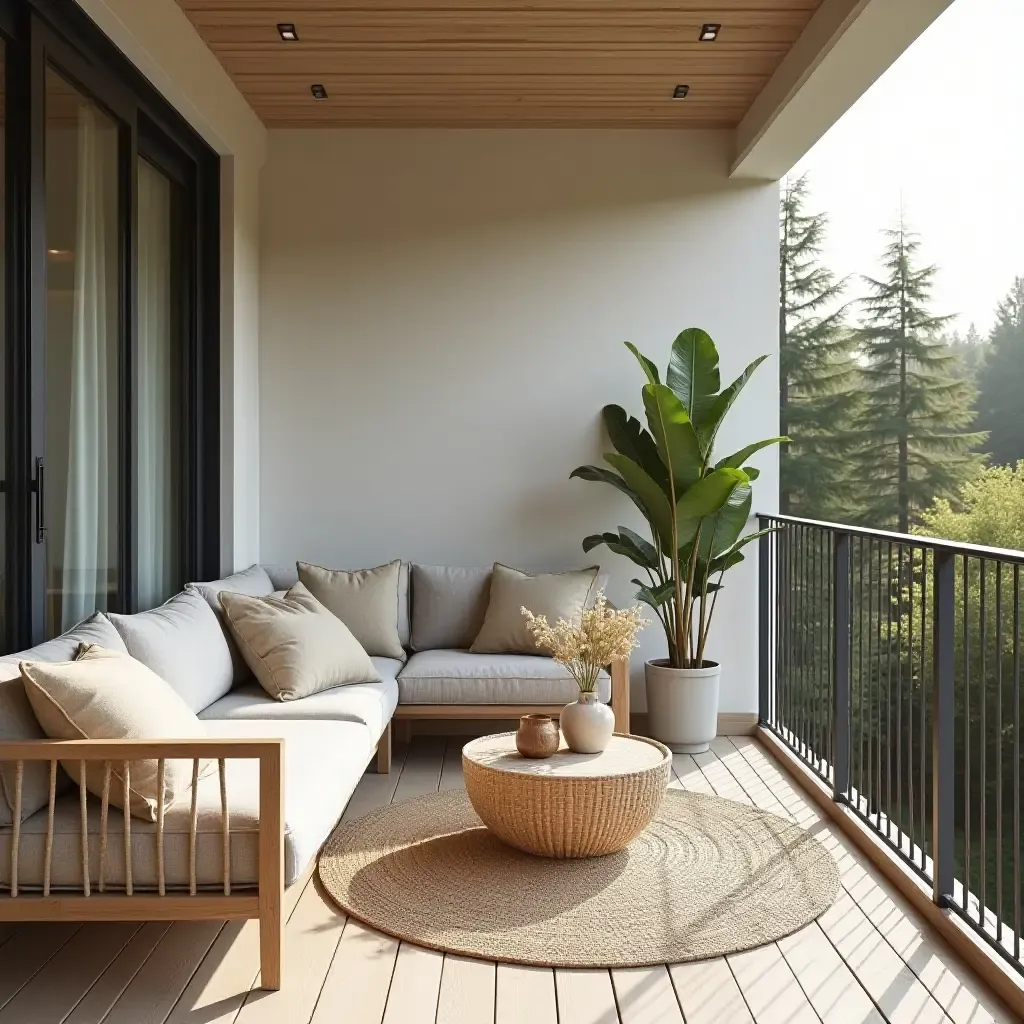 a photo of an airy balcony featuring Scandinavian design elements like natural fibers and neutral colors