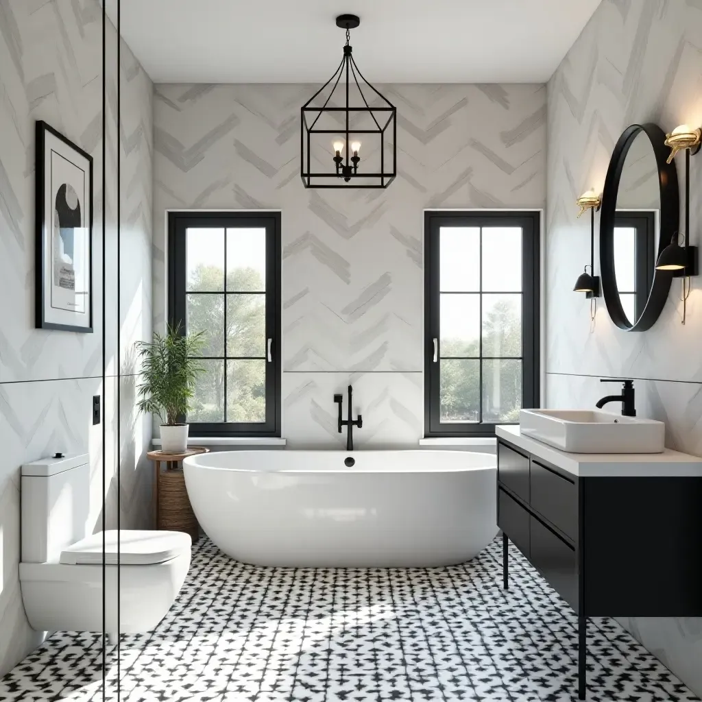 a photo of a chic black and white bathroom with geometric patterns