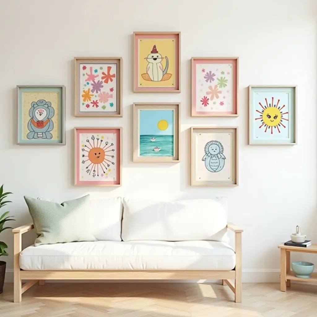 a photo of a gallery wall with children’s art in colorful frames