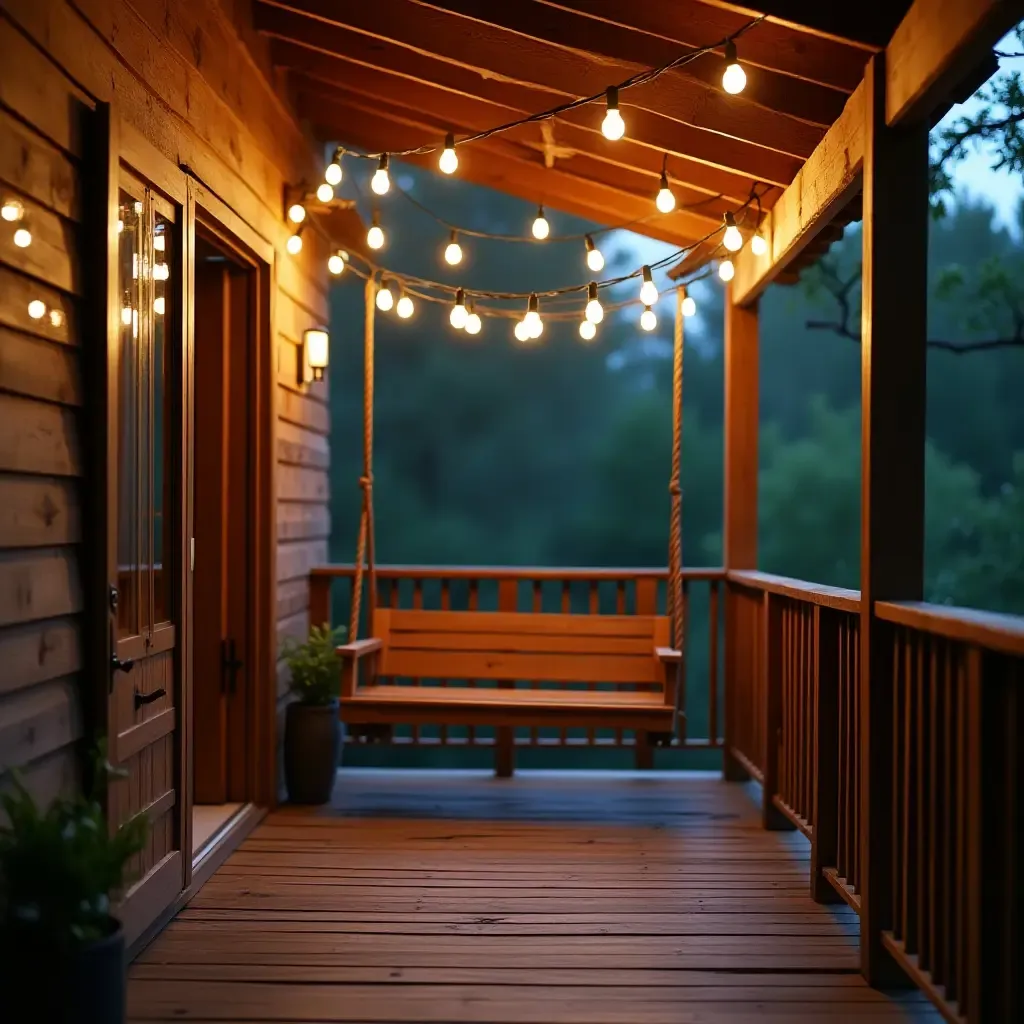 a photo of a balcony featuring a rustic wooden swing and hanging lights