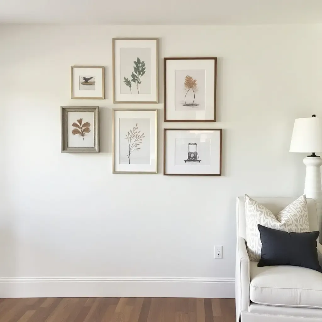 a photo of a basement gallery wall featuring farmhouse-inspired artwork and frames