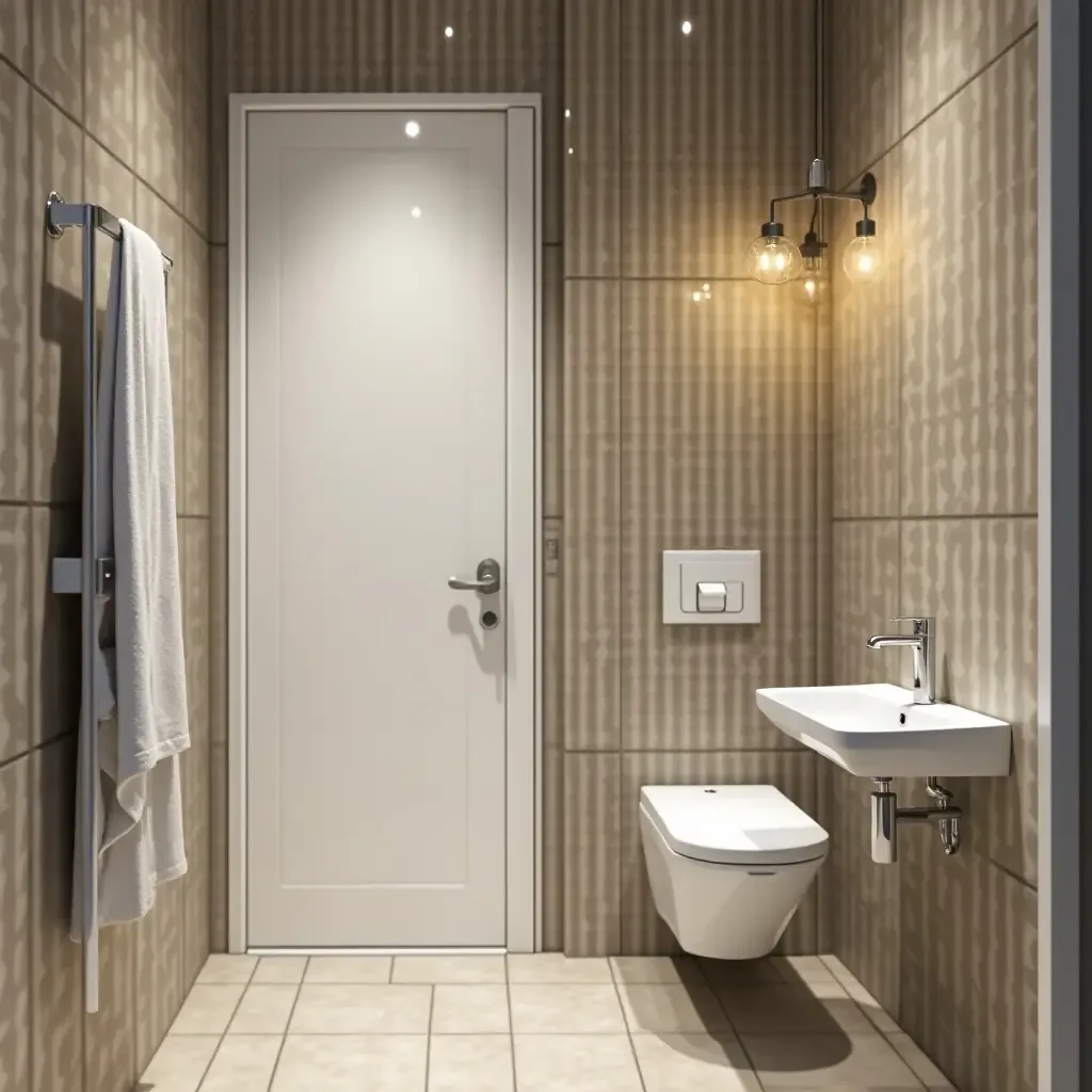 a photo of a small bathroom utilizing a pocket door and wall-mounted fixtures