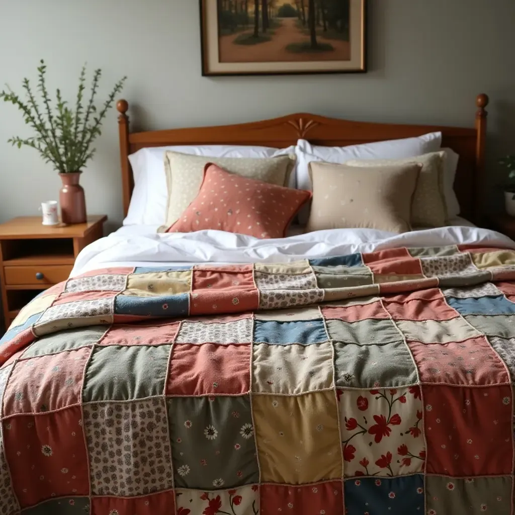 a photo of a cozy bed with a patchwork blanket and pillows