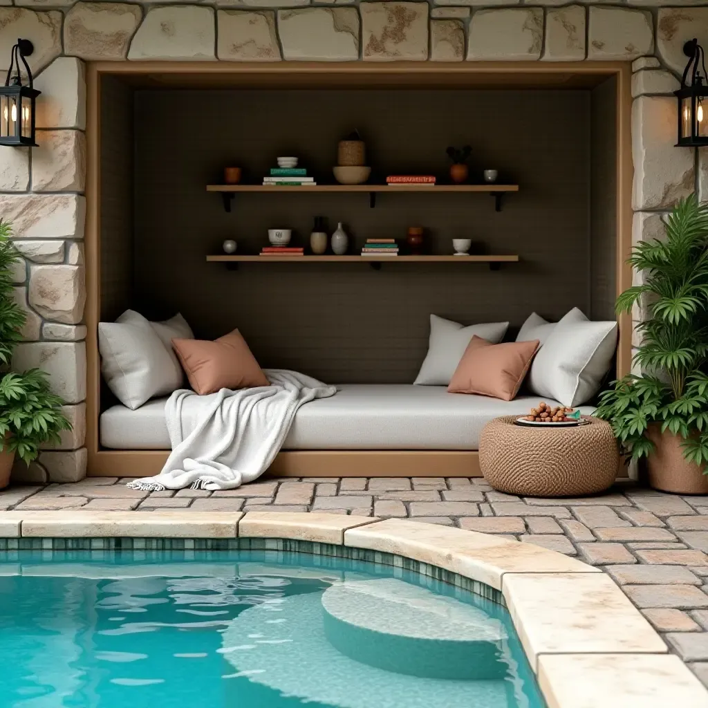 a photo of a cozy reading nook by the pool with books and cushions