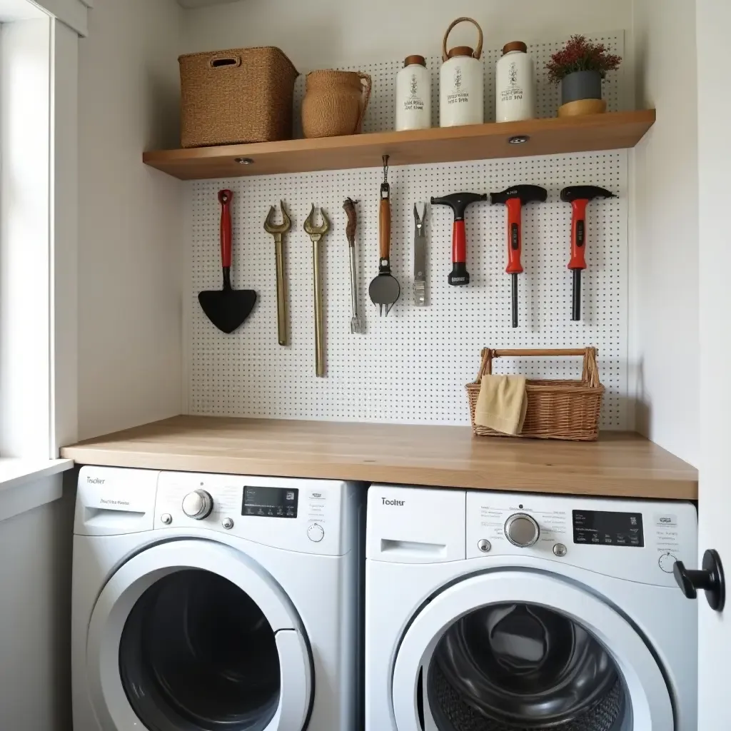 a photo of a laundry room featuring a pegboard for tool organization