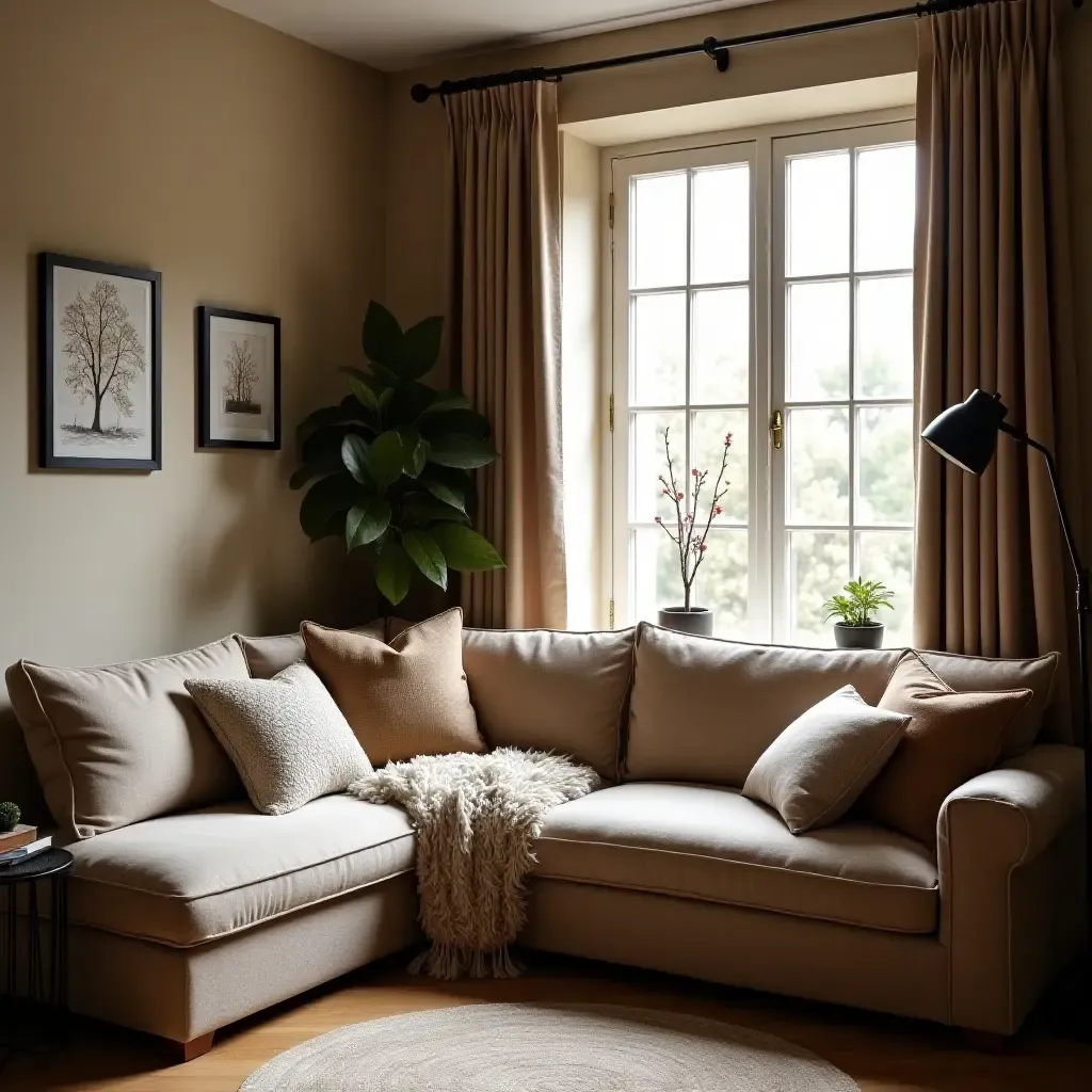 a photo of a reading nook with a cozy corner sofa and lots of cushions