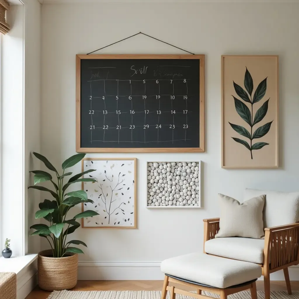 a photo of a gallery wall featuring a chalkboard calendar and art