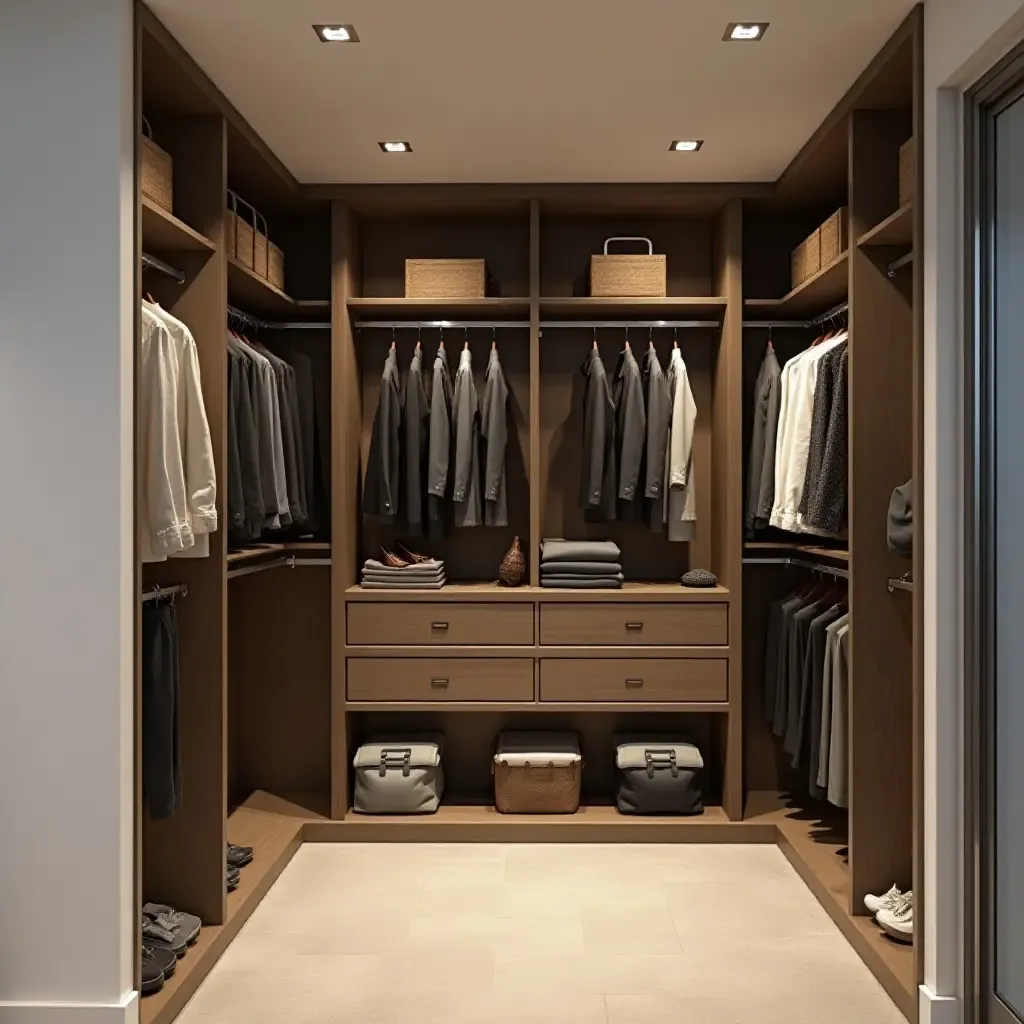 a photo of a basement closet with stylish shelving for clothing