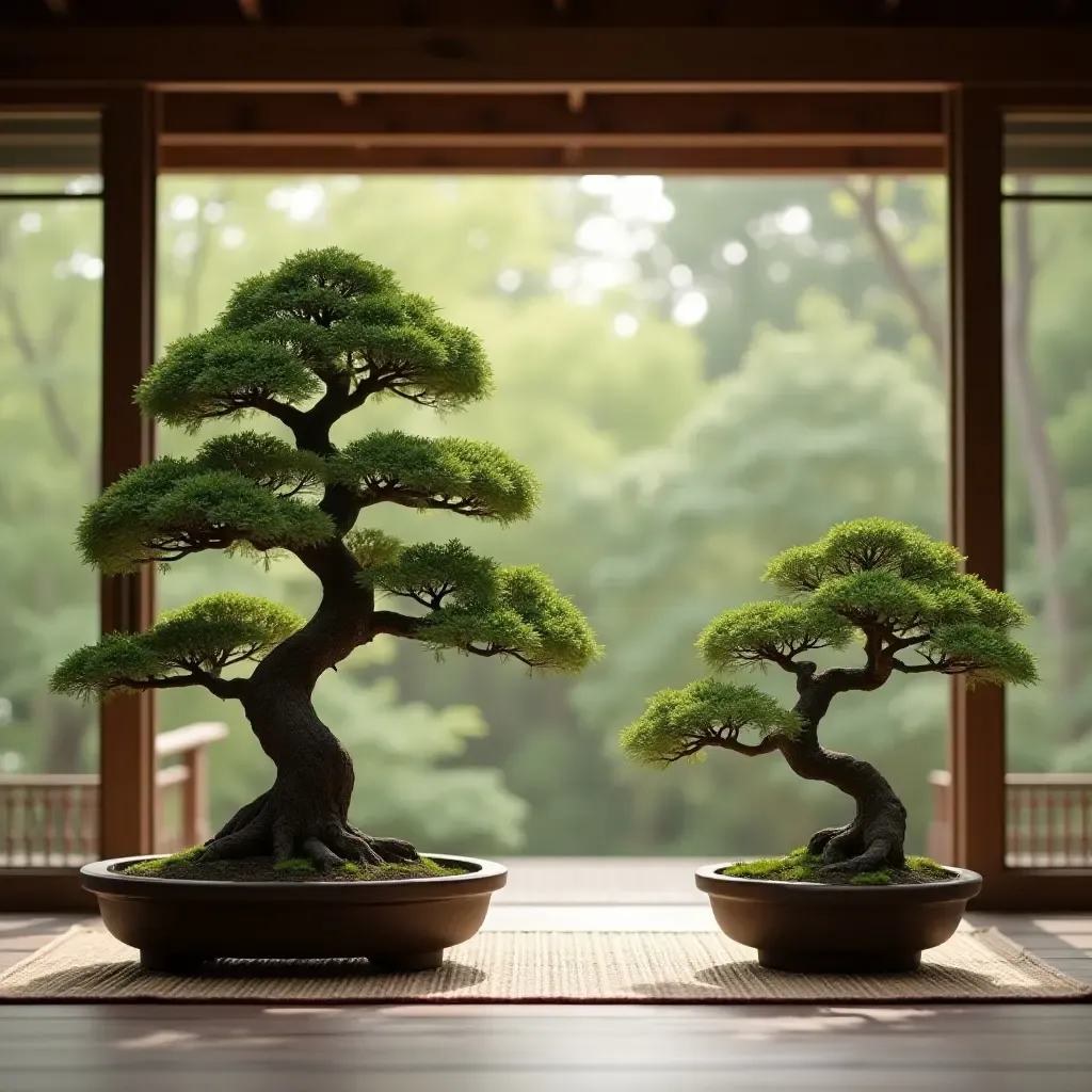 a photo of a zen-inspired space with bonsai trees