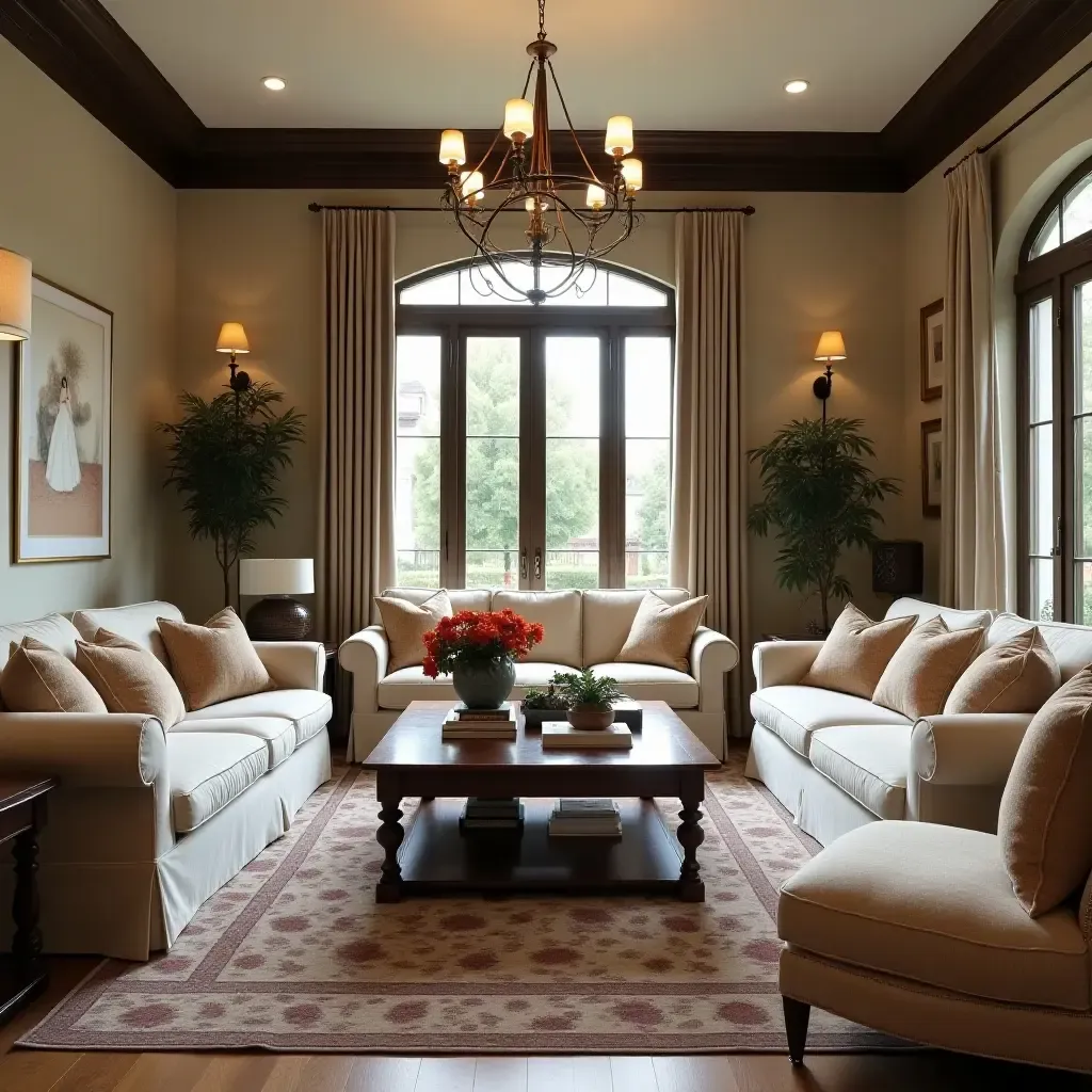 a photo of a living room with a colonial coffee table surrounded by elegant sofas