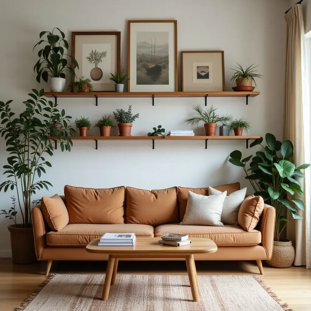 a photo of a bohemian-style living room with open shelves filled with plants and art