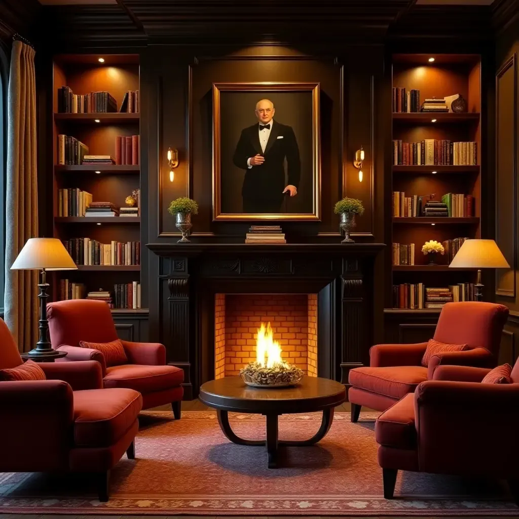 a photo of a warm, inviting library with plush armchairs and a roaring fireplace