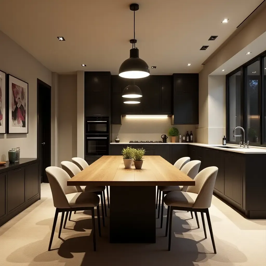 a photo of a stylish basement dining area with pendant lights