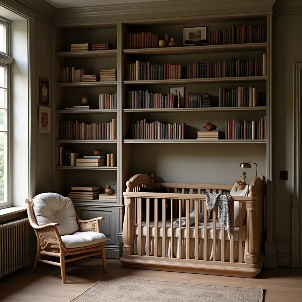 a photo of a nursery with a classic book collection on display