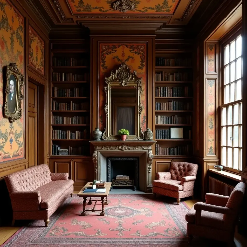 a photo of a library with patterned wallpaper and ornate wooden furniture