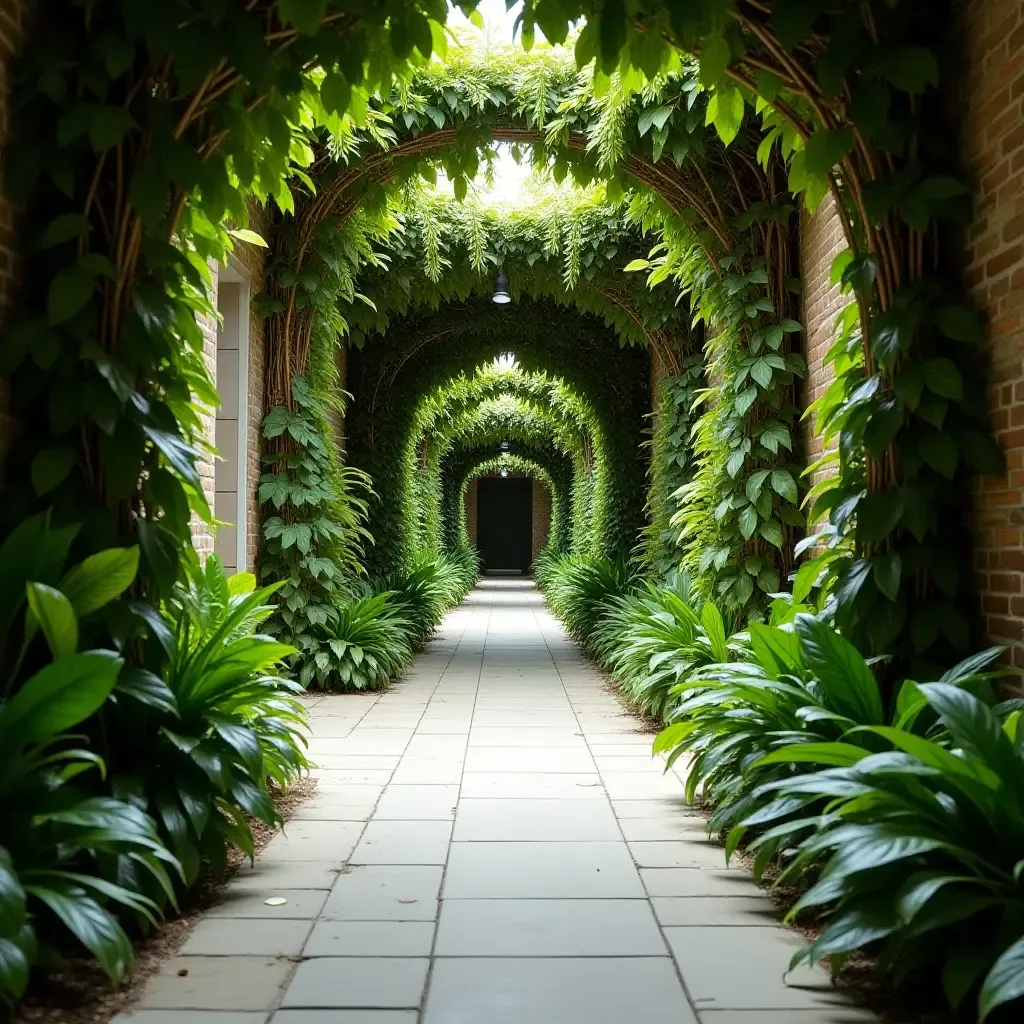 a photo of a corridor with a unique art installation of plants