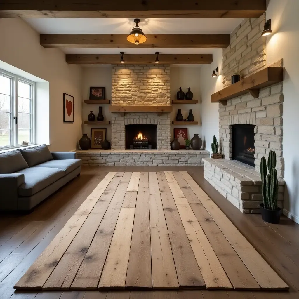 a photo of a rustic, reclaimed wood rug in a farmhouse-style basement