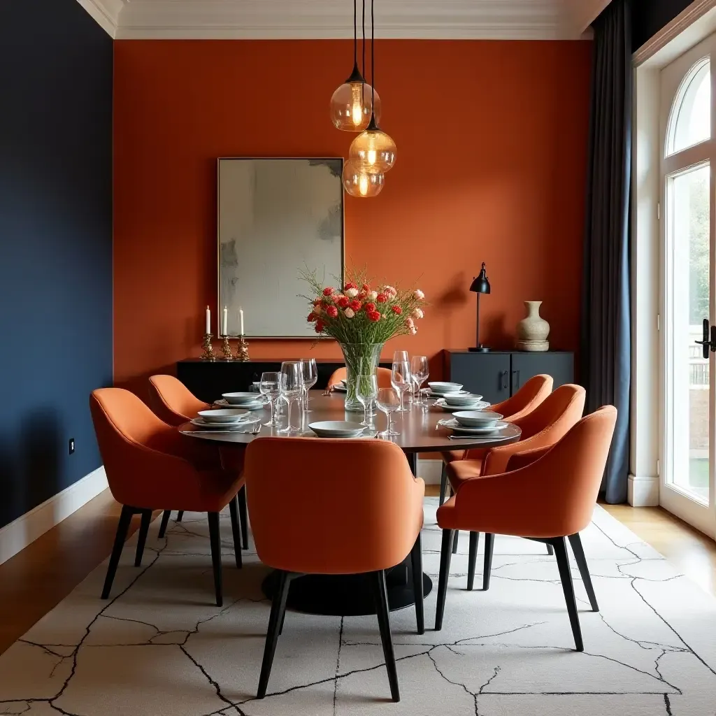 a photo of an elegant dining area in an orange and navy theme