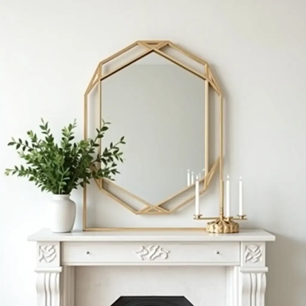 a photo of a modern geometric mirror paired with greenery on a mantel