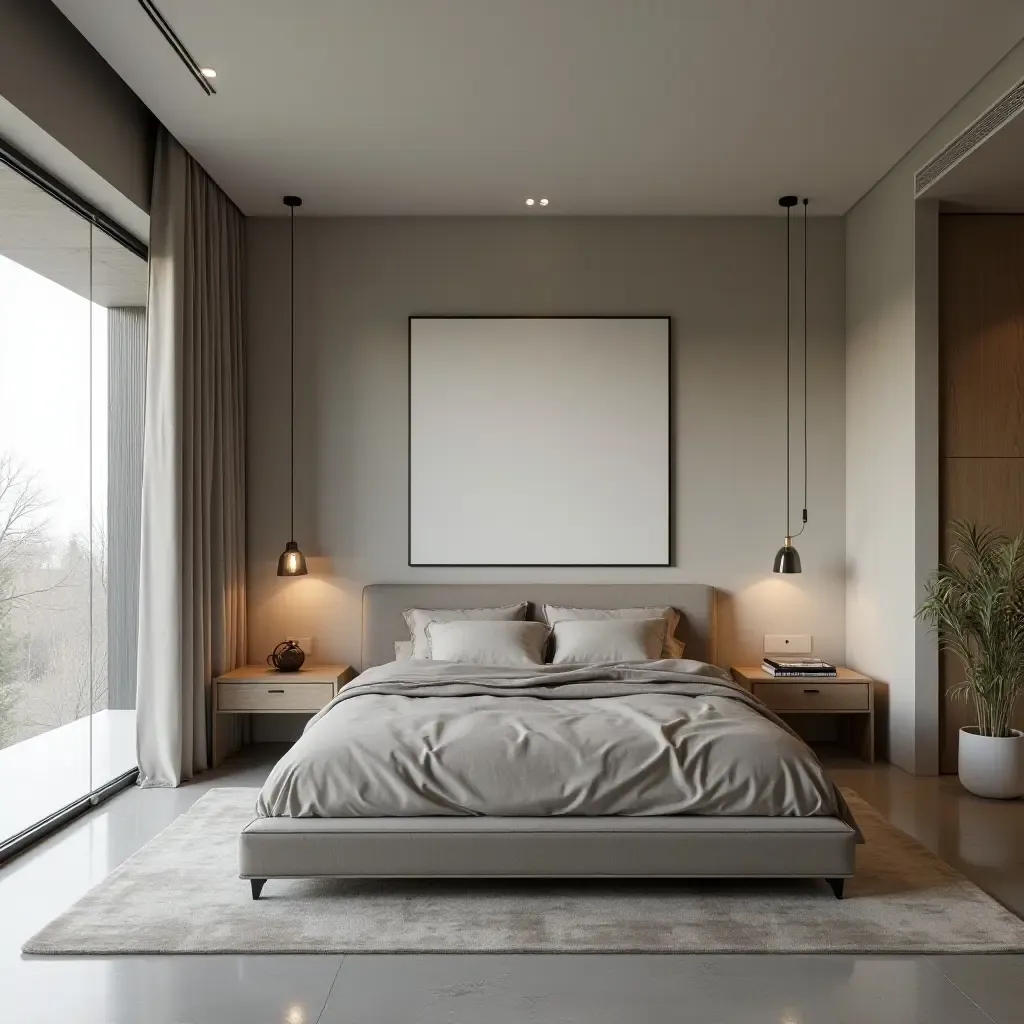 a photo of a minimalist bedroom with concrete flooring and metal furniture