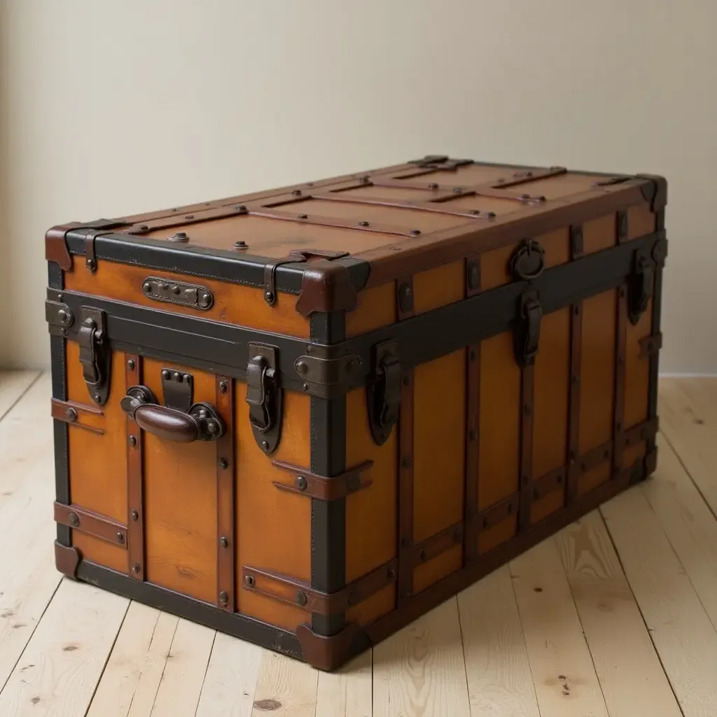 a photo of a vintage steamer trunk used for storage