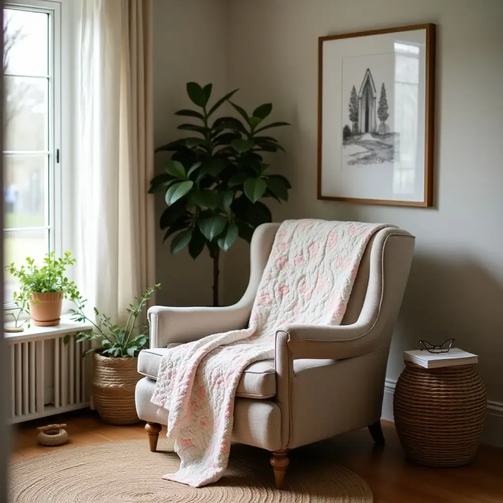 a photo of a cozy armchair with a quilt in a farmhouse-inspired reading nook