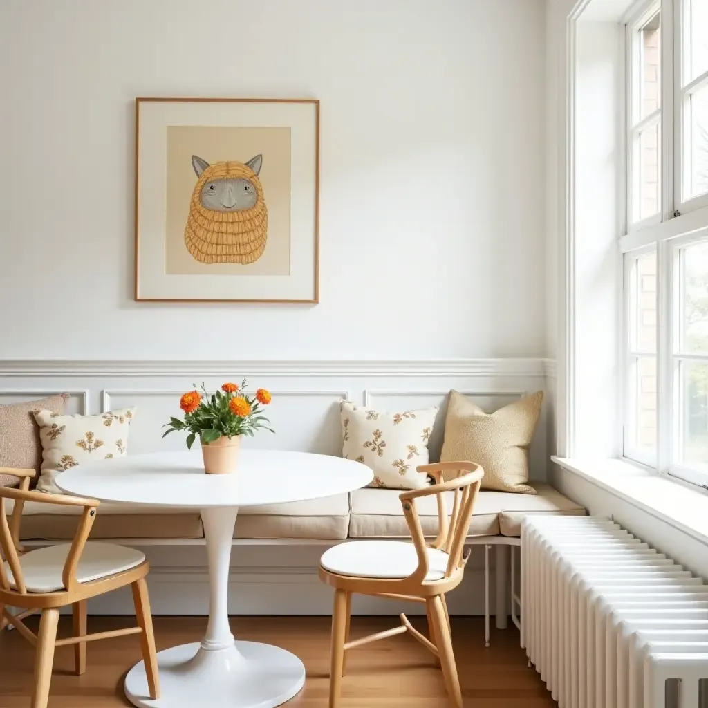 a photo of a bright breakfast nook with cheerful artwork and fresh flowers