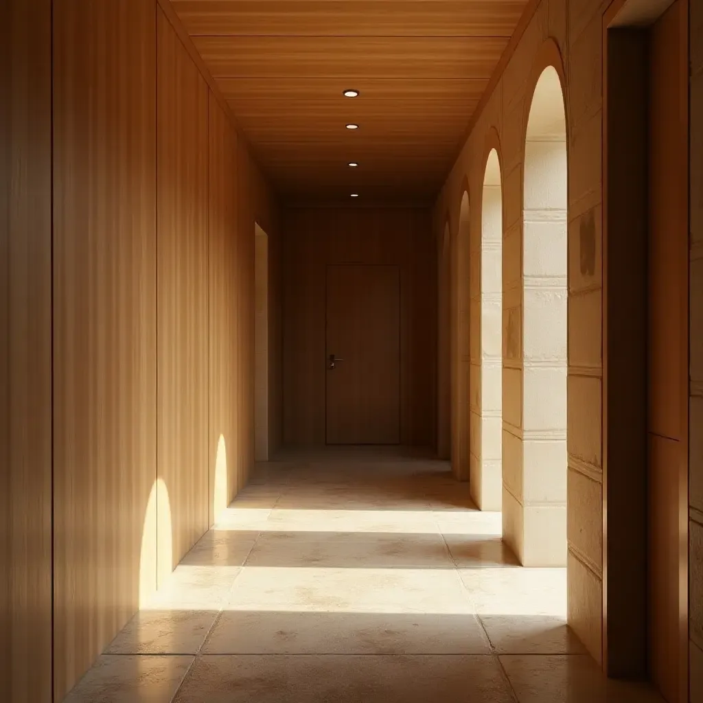 a photo of a cozy hallway with layered textures and warm lighting