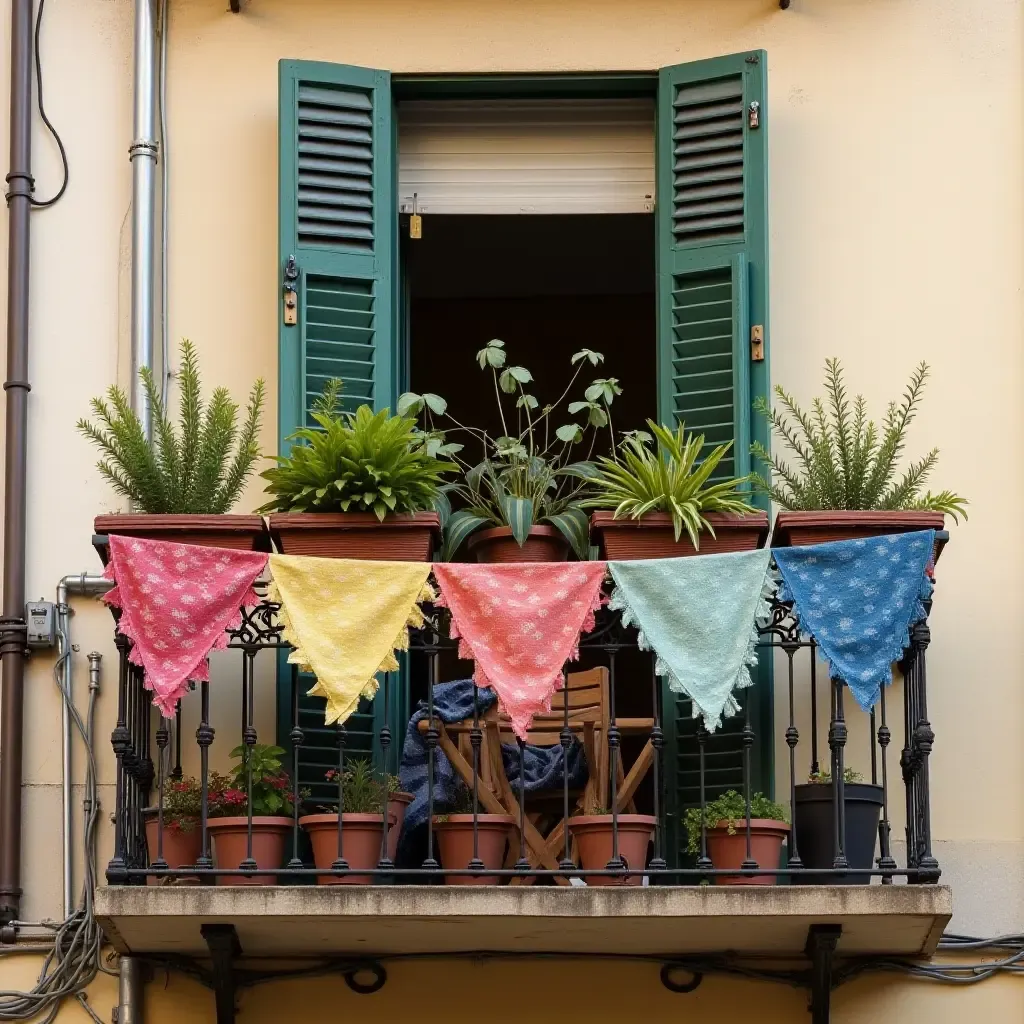 a photo of a balcony decorated with colorful fabric bunting and plants