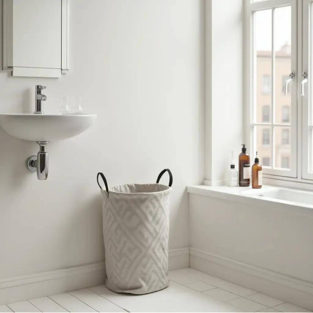 a photo of a compact bathroom with a foldable laundry basket