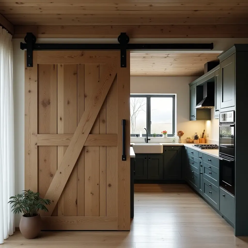 a photo of a kitchen with a sliding barn door and industrial features