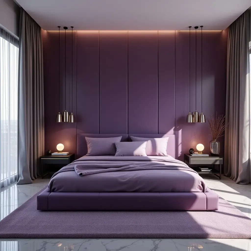 a photo of a striking purple and silver bedroom with sleek lines